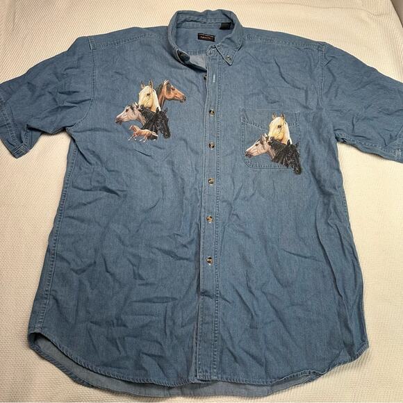 Outrageous sports chambray JEAN SHIRT WITH HORSES, MEN'S XL - Picture 2 of 8